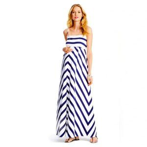 Fully-lined Jessica Simpson Maternity Maxi Dress, Empire Waist, Navy/white